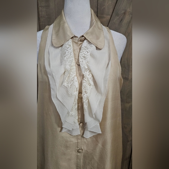 TWELVE by TWELVE 100% Silk Ruffle Front Button Up Collared Dress.Cream/white. M - Picture 6 of 13